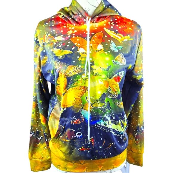 -812 Psychedelic Cottagecore Butterfly Print Pullover Hoodie Small‎ - Picture 1 of 6